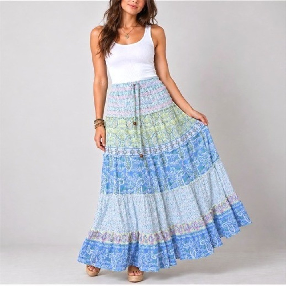 Vintage Havana Blue Yellow Paisley Patchwork Cottagecore Boho Maxi Skirt M